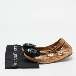 Pre Owned Tory Burch Metallic Textured Leather Embellished Flower Applique Scrunch Ballet Flats Size 38