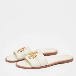 Pre Owned Tory Burch White Leather Everly Flat Slides Size 38.5