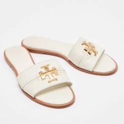 Pre Owned Tory Burch White Leather Everly Flat Slides Size 38.5