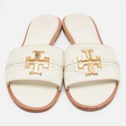 Pre Owned Tory Burch White Leather Everly Flat Slides Size 38.5