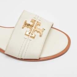 Pre Owned Tory Burch White Leather Everly Flat Slides Size 38.5