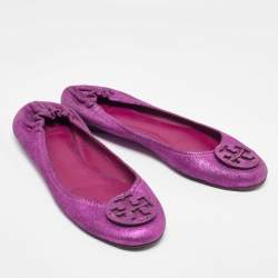 Tory Burch Pink Metallic Leather Reva Scrunch Ballet Flats Size 41