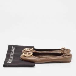 Pre Owned Tory Burch Brown Leather Reva Scrunch Ballet Flats Size 38.5