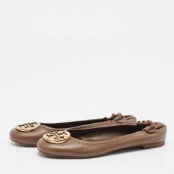 Pre Owned Tory Burch Brown Leather Reva Scrunch Ballet Flats Size 38.5