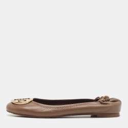Pre Owned Tory Burch Brown Leather Reva Scrunch Ballet Flats Size 38.5