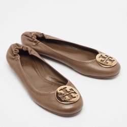Pre Owned Tory Burch Brown Leather Reva Scrunch Ballet Flats Size 38.5