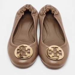 Pre Owned Tory Burch Brown Leather Reva Scrunch Ballet Flats Size 38.5