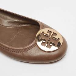 Pre Owned Tory Burch Brown Leather Reva Scrunch Ballet Flats Size 38.5