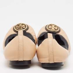 Pre Owned Tory Burch Beige/Black Leather Scrunch Ballet Flats Size 38