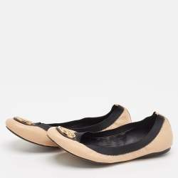 Pre Owned Tory Burch Beige/Black Leather Scrunch Ballet Flats Size 38