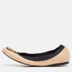Pre Owned Tory Burch Beige/Black Leather Scrunch Ballet Flats Size 38