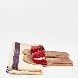 Pre Owned Tory Burch Red Patent Leather Logo Flat Sandals Size 39.5