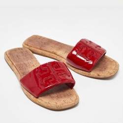 Pre Owned Tory Burch Red Patent Leather Logo Flat Sandals Size 39.5