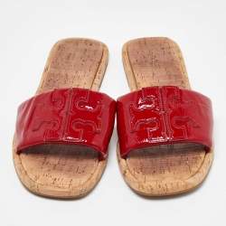 Pre Owned Tory Burch Red Patent Leather Logo Flat Sandals Size 39.5