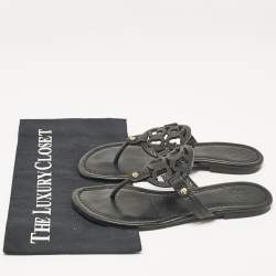 Pre Owned Tory Burch Black Leather Logo Miller Thong Flats Size 37