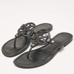 Pre Owned Tory Burch Black Leather Logo Miller Thong Flats Size 37