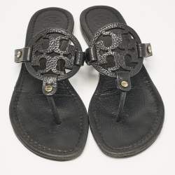 Pre Owned Tory Burch Black Leather Logo Miller Thong Flats Size 37