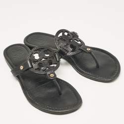 Pre Owned Tory Burch Black Leather Logo Miller Thong Flats Size 37