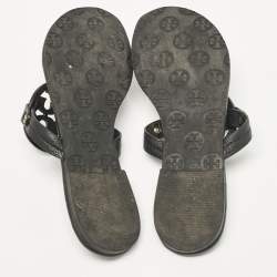 Pre Owned Tory Burch Black Leather Logo Miller Thong Flats Size 37