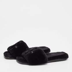 Pre Owned Tory Burch Black Shearling Fur Double T Flat Slides Size 37.5