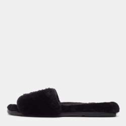 Pre Owned Tory Burch Black Shearling Fur Double T Flat Slides Size 37.5