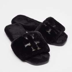 Pre Owned Tory Burch Black Shearling Fur Double T Flat Slides Size 37.5