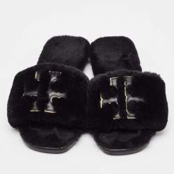 Pre Owned Tory Burch Black Shearling Fur Double T Flat Slides Size 37.5
