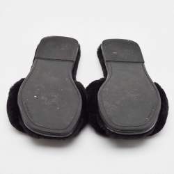 Pre Owned Tory Burch Black Shearling Fur Double T Flat Slides Size 37.5