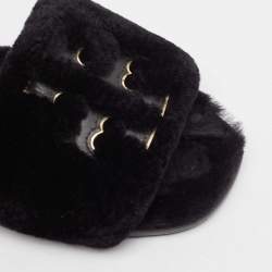 Pre Owned Tory Burch Black Shearling Fur Double T Flat Slides Size 37.5