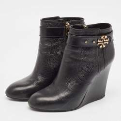 Tory Burch Black Leather Wedge Ankle Length Boots Size 39