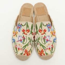 Tory Burch Multicolor Floral Embroidered Canvas Espadrille Mules Size 37.5