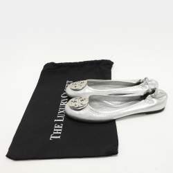 Tory Burch Silver Leather Minnie Ballet Flats 37.5