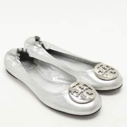 Tory Burch Silver Leather Minnie Ballet Flats 37.5