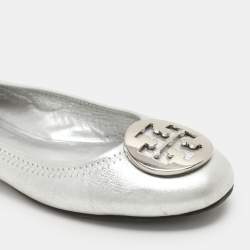 Tory Burch Silver Leather Minnie Ballet Flats 37.5