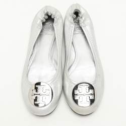 Tory Burch Silver Leather Minnie Ballet Flats 37.5