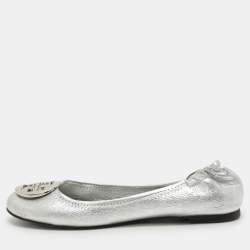 Tory Burch Silver Leather Minnie Ballet Flats 37.5