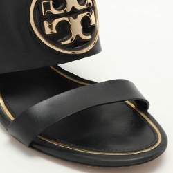 Tory Burch Black Leather Metal Miller Slingback Wedge Sandals Size 39