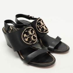 Tory Burch Black Leather Metal Miller Slingback Wedge Sandals Size 39