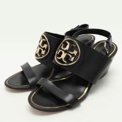 Tory Burch Black Leather Metal Miller Slingback Wedge Sandals Size 39