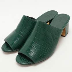 Tory Burch Green Croc Embossed Leather Martine Slide Sandals Size 39