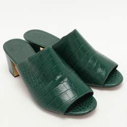 Tory Burch Green Croc Embossed Leather Martine Slide Sandals Size 39