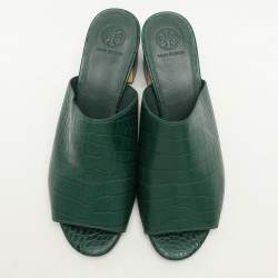 Tory Burch Green Croc Embossed Leather Martine Slide Sandals Size 39