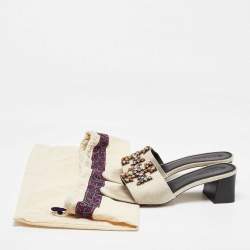 Pre Owned Tory Burch Off White Canvas Ines Slide Sandals Size 40