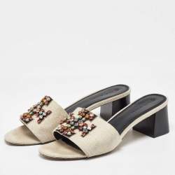 Pre Owned Tory Burch Off White Canvas Ines Slide Sandals Size 40