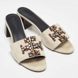 Pre Owned Tory Burch Off White Canvas Ines Slide Sandals Size 40