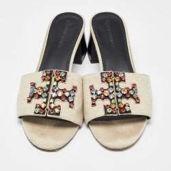 Pre Owned Tory Burch Off White Canvas Ines Slide Sandals Size 40