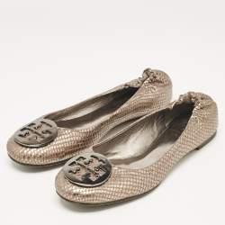 Tory Burch Metallic Snakeskin Embossed Leather Minnie Ballet Flats Size 39.5