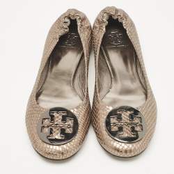 Tory Burch Metallic Snakeskin Embossed Leather Minnie Ballet Flats Size 39.5