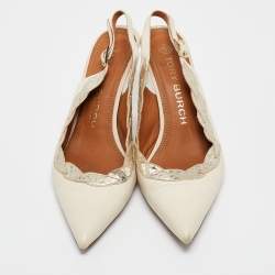 Pre Owned Tory Burch Cream Leather and Embossed Snakeskin Slingback Pumps Size 39