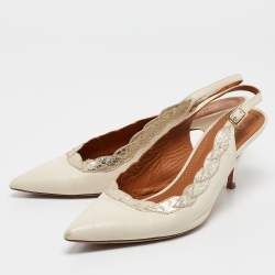 Pre Owned Tory Burch Cream Leather and Embossed Snakeskin Slingback Pumps Size 39